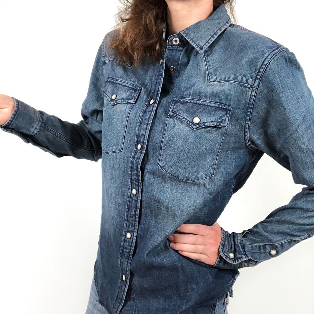 NWT Frye Simona Indigo Blue Western Pearl Snap Faded Denim Shirt Women's Size XS